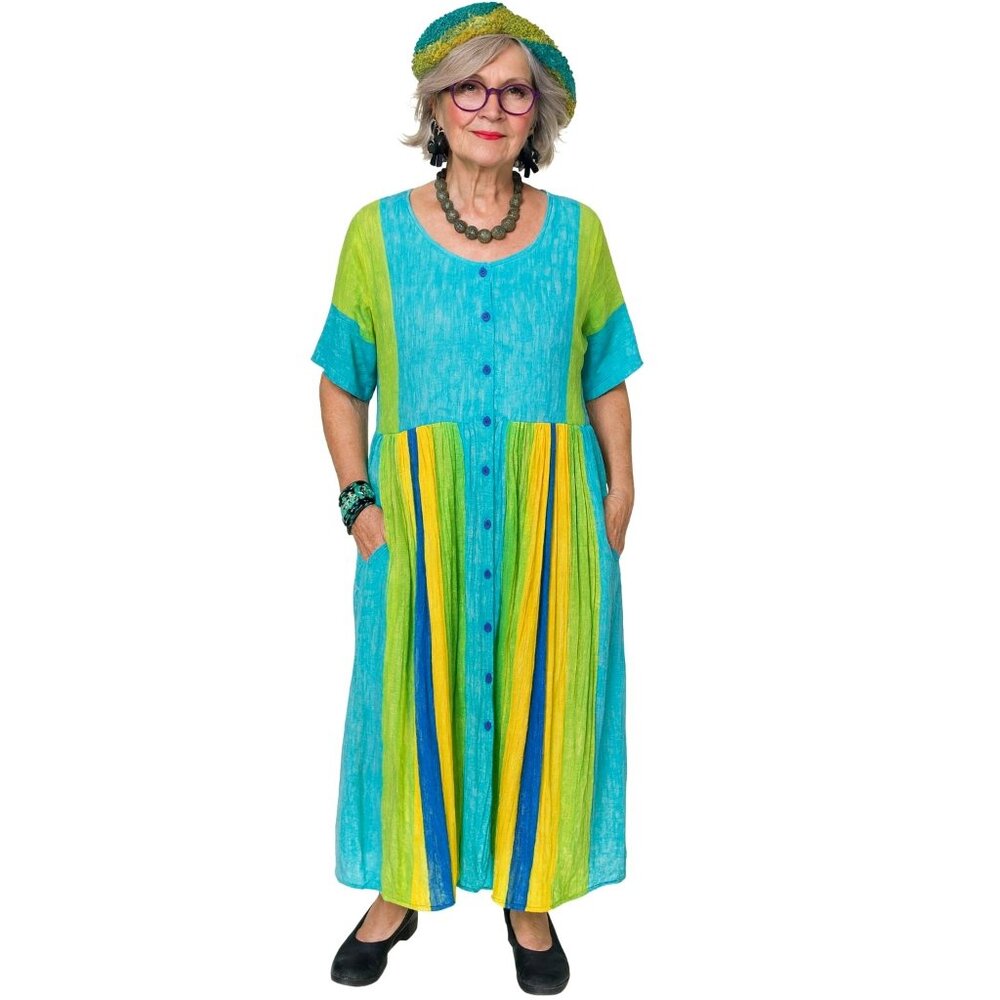 Naqui Artsy Blue Green Womens M Cotton Button Maxi Dress Vibrant Travel Casual